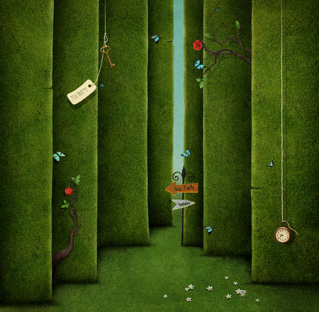 62627736 - conceptual illustration of green maze and fantasy objects