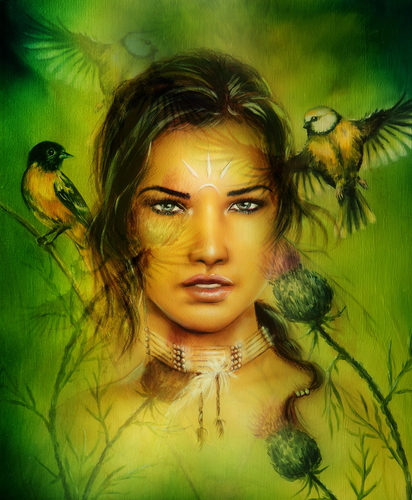 portrait of a young enchanting woman face with birds, on green p