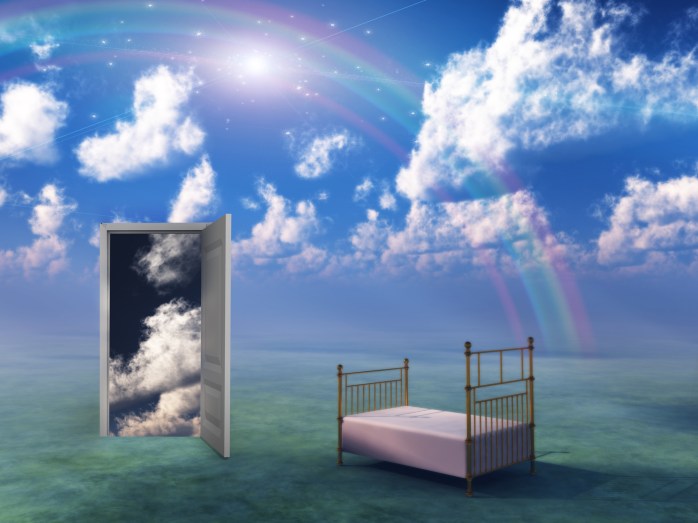 Bed in fantasy landscape